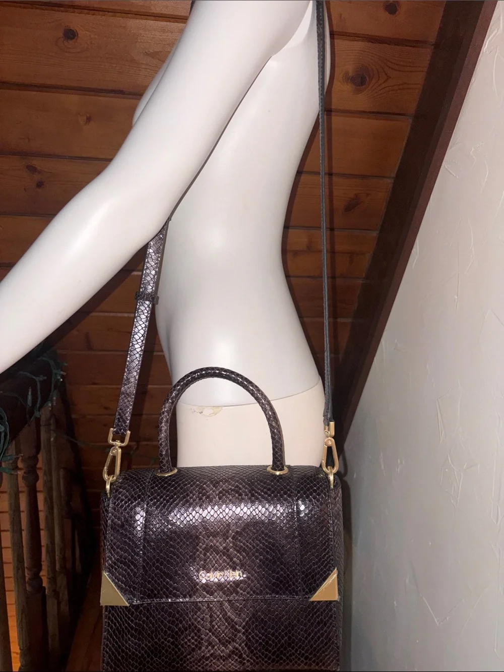 Calvin Klein Snakeskin Fern Top Handle Leather Satchel Crossbody Gold Hardware